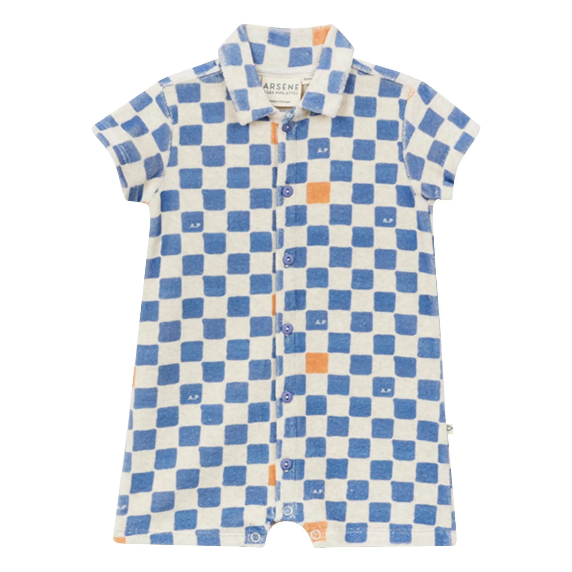 Arsène Et Les Pipelettes Blue Combishort Damier Eponge Coton Bio