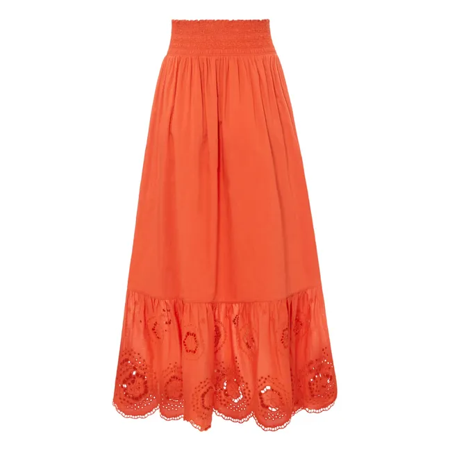 Jupe Longue Brodée Coton Bio | Corail