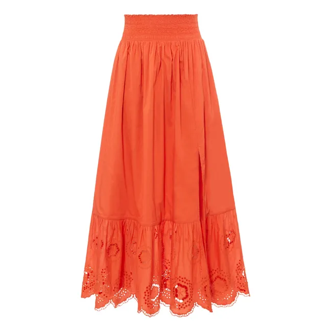 Jupe Longue Brodée Coton Bio | Corail