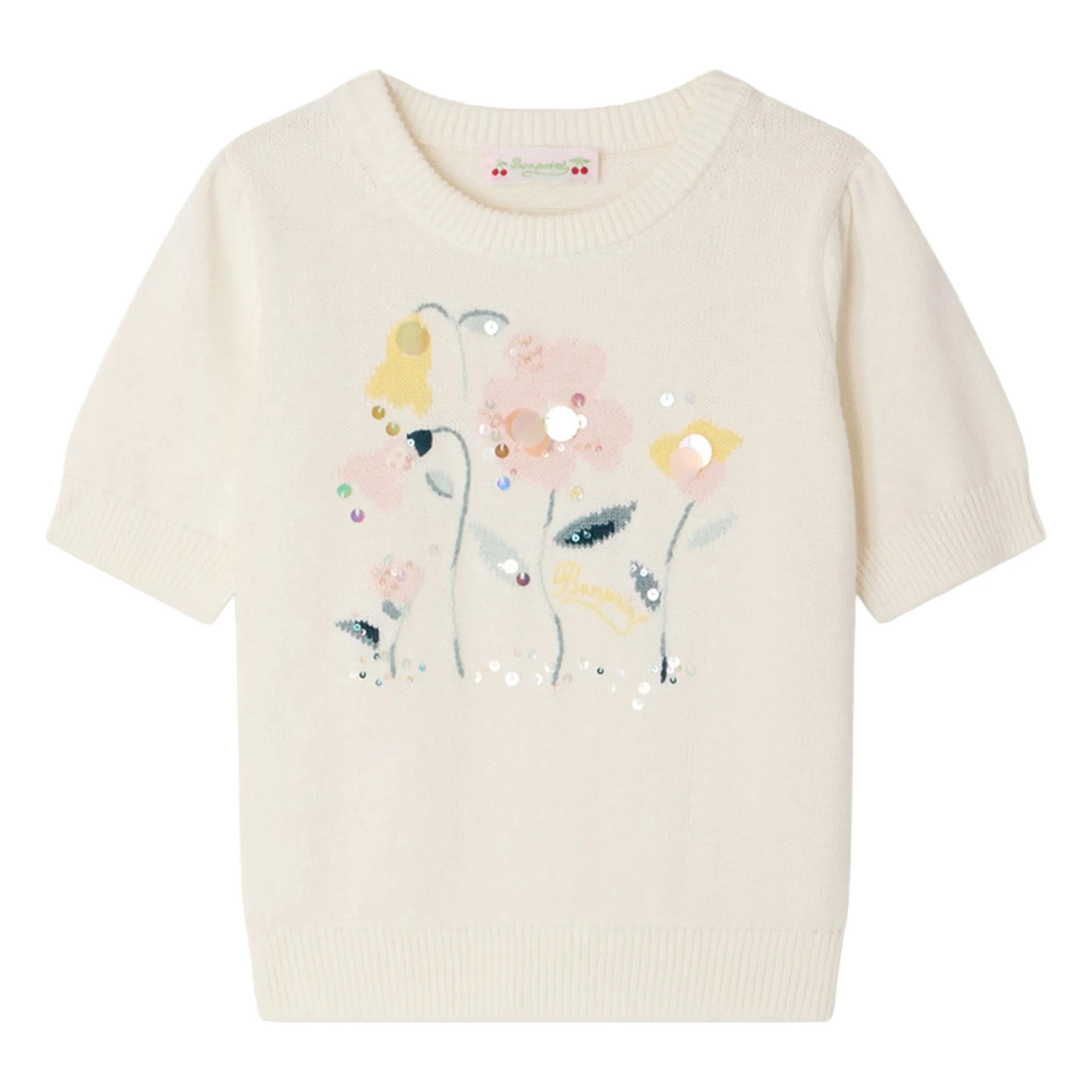 Bonpoint Girls Ecru Elvira Fine Knit T-Shirt Organic Cotton Flowers
