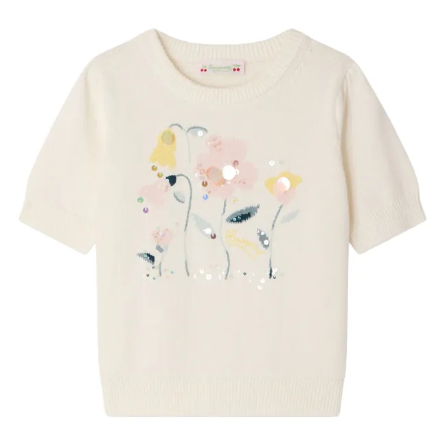T-shirt Maille Fine Elvira Fleurs Coton Bio | Ecru