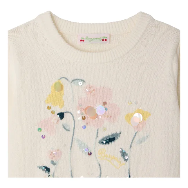 Elvira Fine Knit T-shirt Organic Cotton Flowers | Ecru