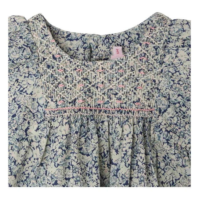 Robe Smockée Cadelili Fleurie Coton Bio | Bleu de Prusse