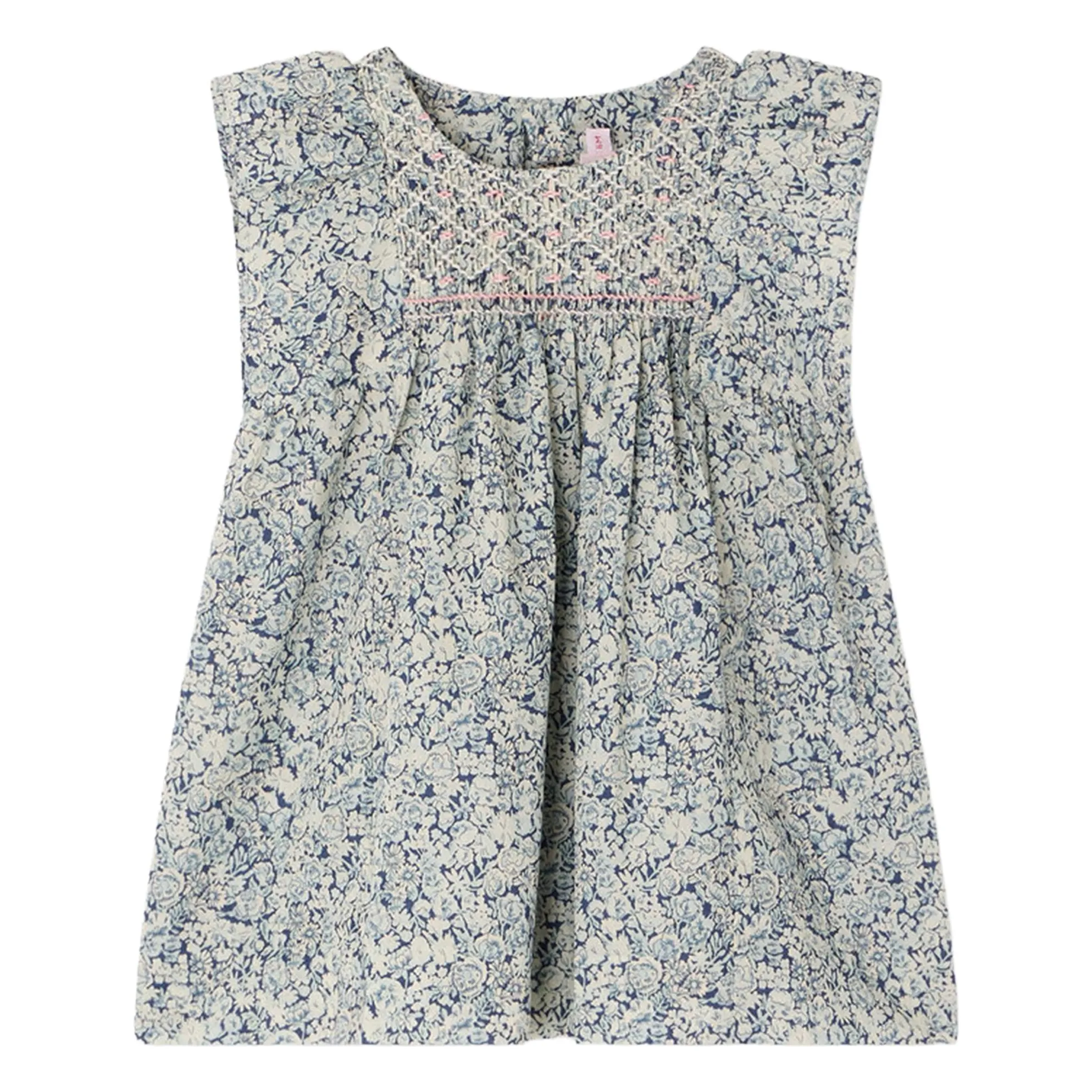 Bonpoint Girls Prussian Blue Cadelili Fleurie Organic Cotton Smocked Dress