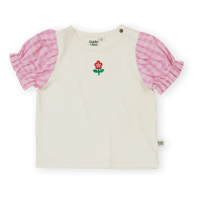 Camiseta de manga abullonada Vichy | Marfil