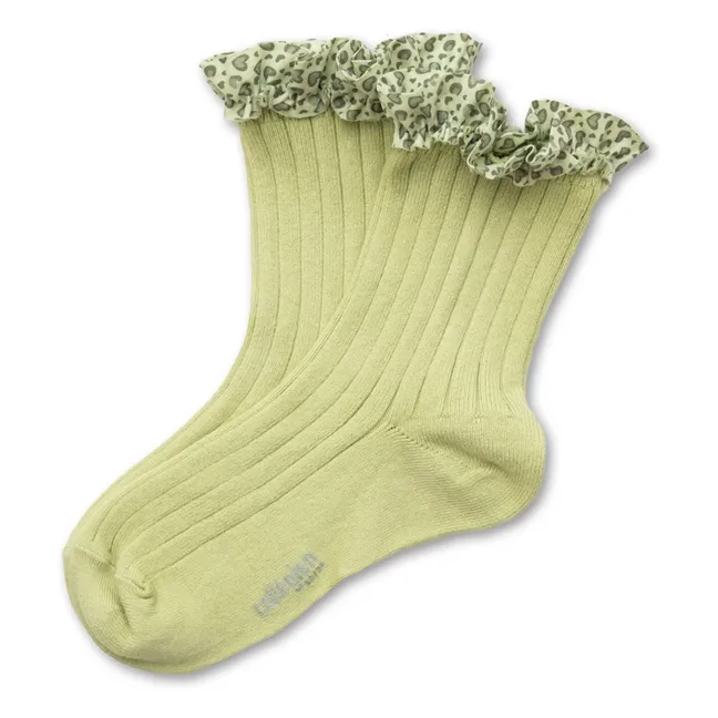 Calcetines con volantes de leopardo Lea | Verde Pálido