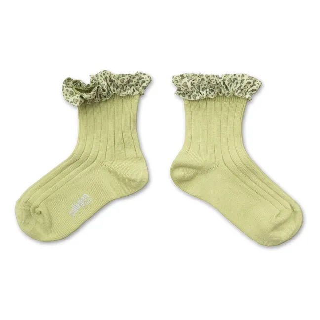 Calcetines con volantes de leopardo Lea | Verde Pálido