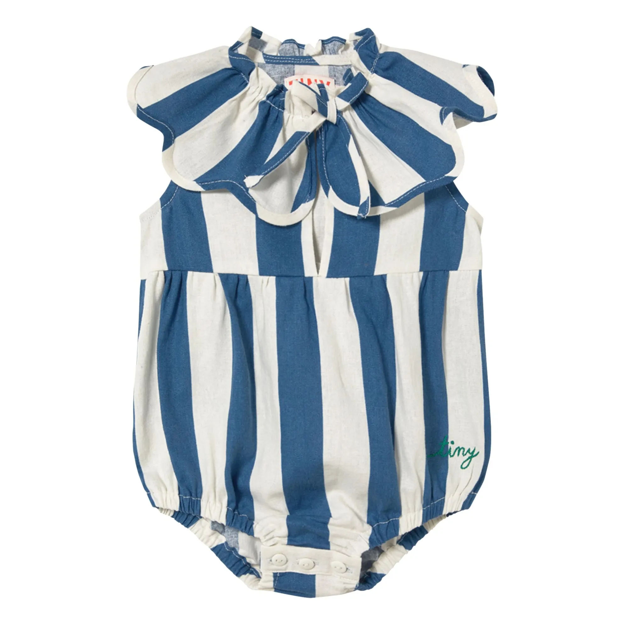 Tinycottons Blue Linen Striped Ruffle Bodysuit