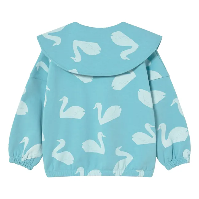 Sweat Boutonné Colerette Cygnes  | Bleu ciel