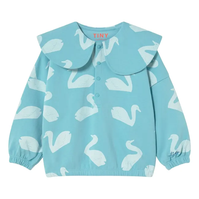 Sweat Boutonné Colerette Cygnes  | Bleu ciel