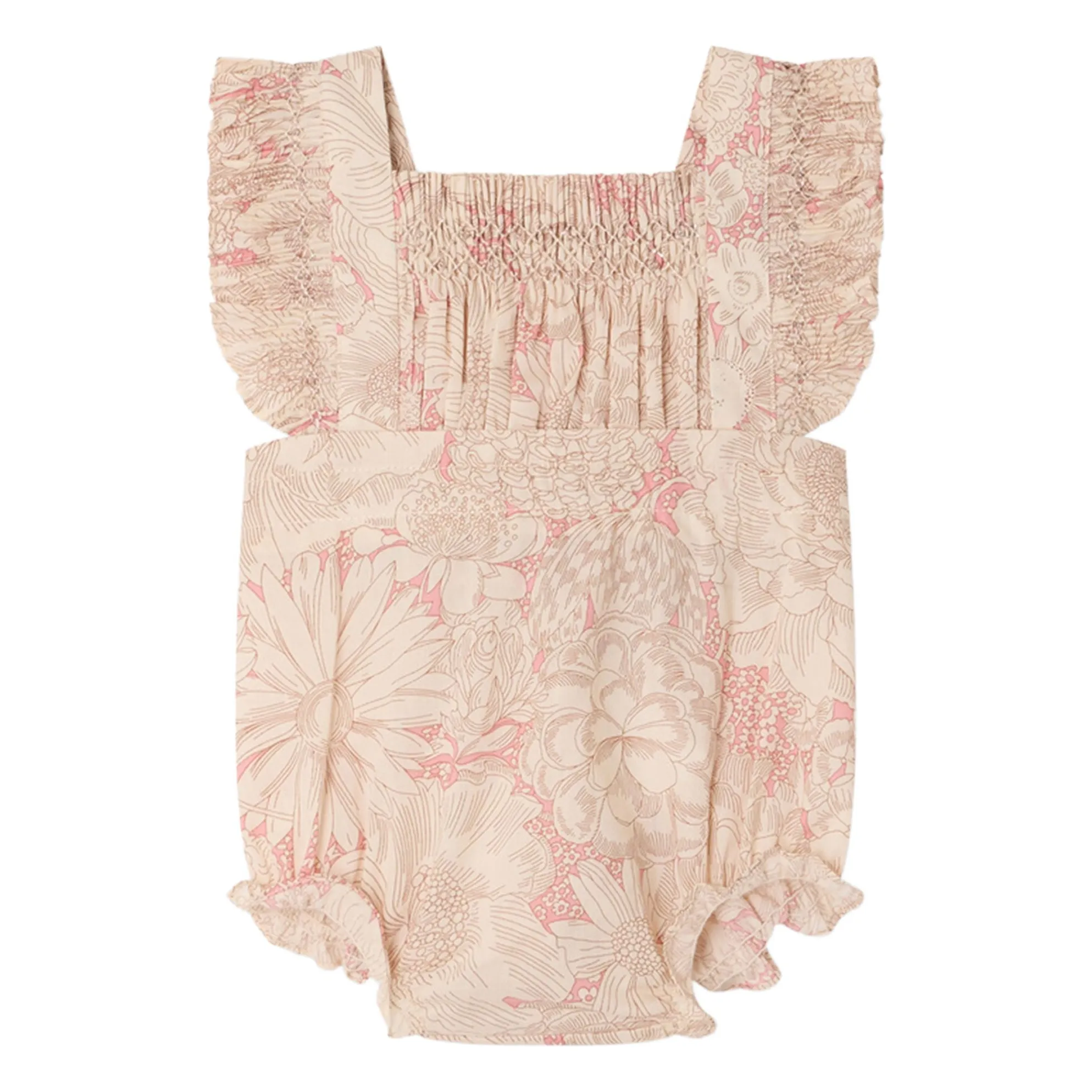 Bonpoint Pale Pink Lakiss Fleurie Organic Cotton Smocked Romper