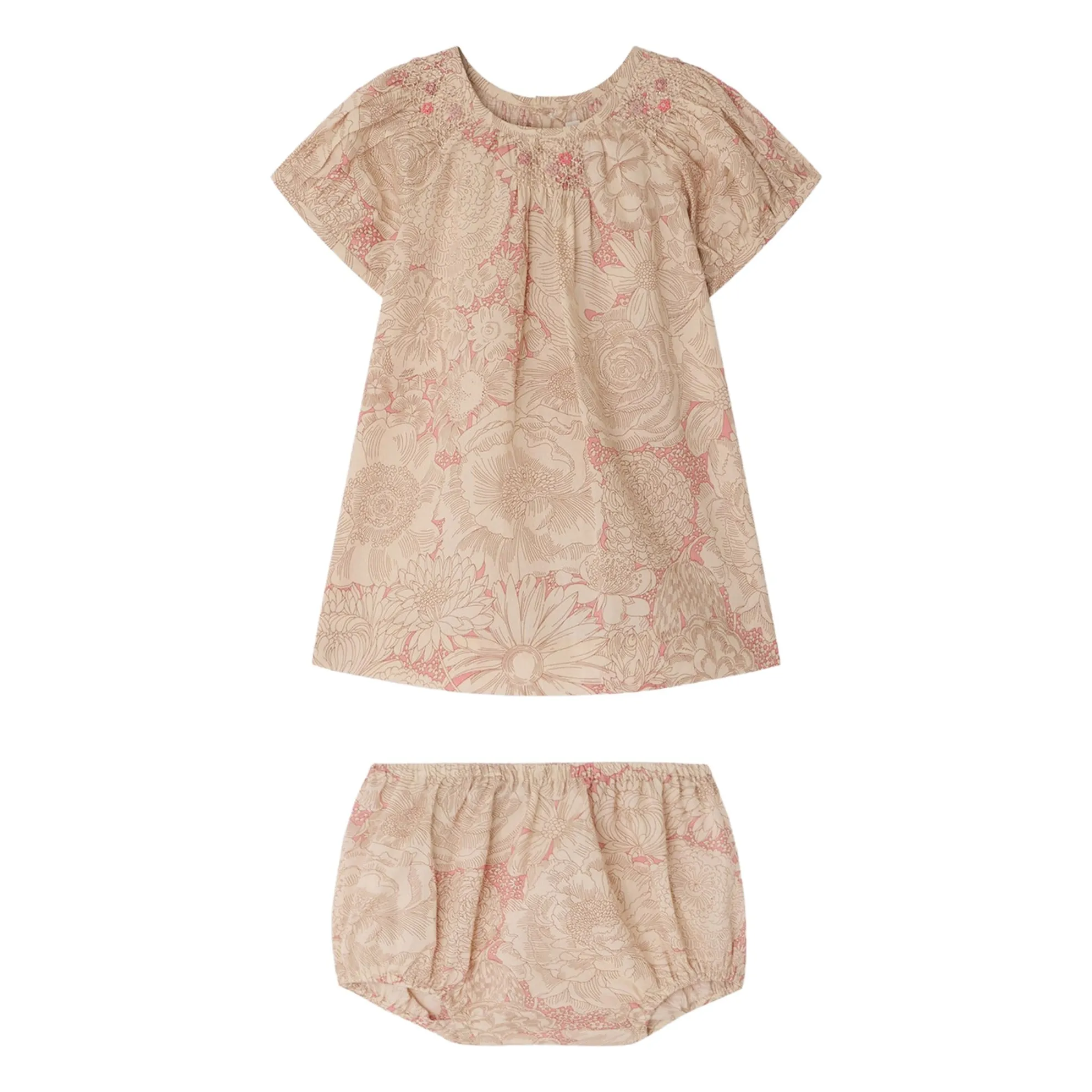 Bonpoint Pale Pink Lucia Fleurie Organic Cotton Smocked Dress