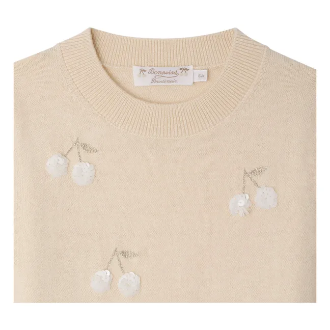 Jersey de manga corta de lana Leola Cerises Paillettées | Beige rosado