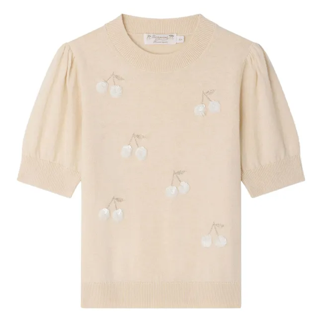 Pull Manches Courtes Leola Cerises Paillettées Laine | Beige rosé
