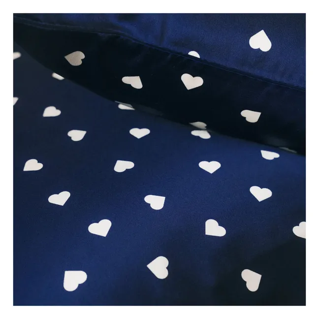 Heart-printed mulberry silk pillowcase  | Midnight blue