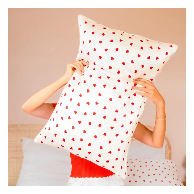 Heart-printed mulberry silk pillowcase  | Cream
