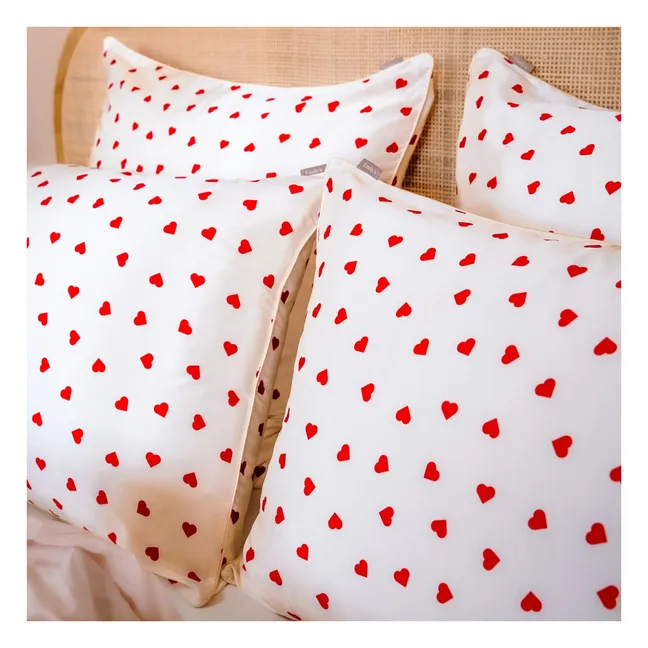 Heart-printed mulberry silk pillowcase  | Cream