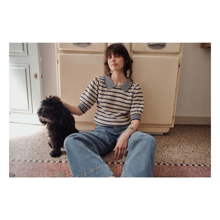 Organic cotton openwork stripes sweater | Navy blue- Product image n°4