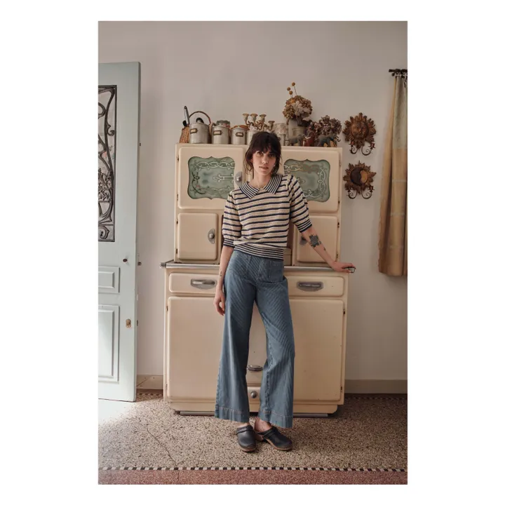 Organic cotton openwork stripes sweater | Navy blue- Product image n°2