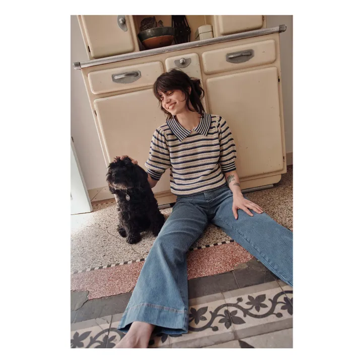 Organic cotton openwork stripes sweater | Navy blue- Product image n°1
