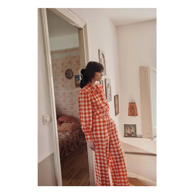 Blusa de cuadros con cuello lavaliere de algodón orgánico | Rojo