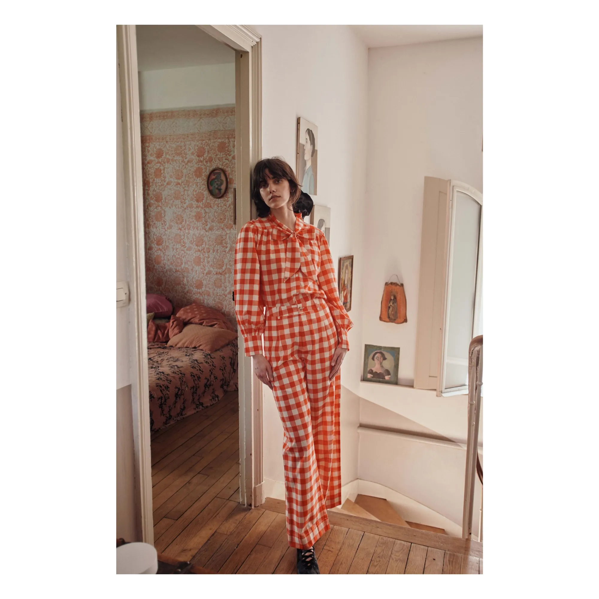 Blouse Vichy Col Lavalière Coton Bio | Rouge- Image produit n°1