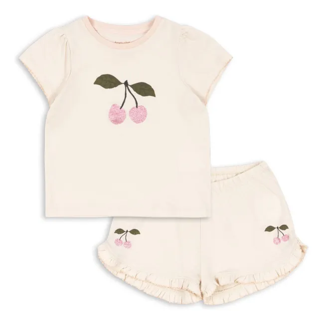 Ensemble T-shirt et Short Volants Famo Cerises Coton Bio | Crème