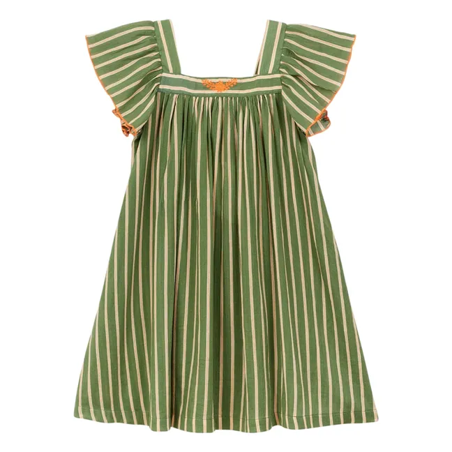 Striped ruffle dress Organic cotton voile | Khaki