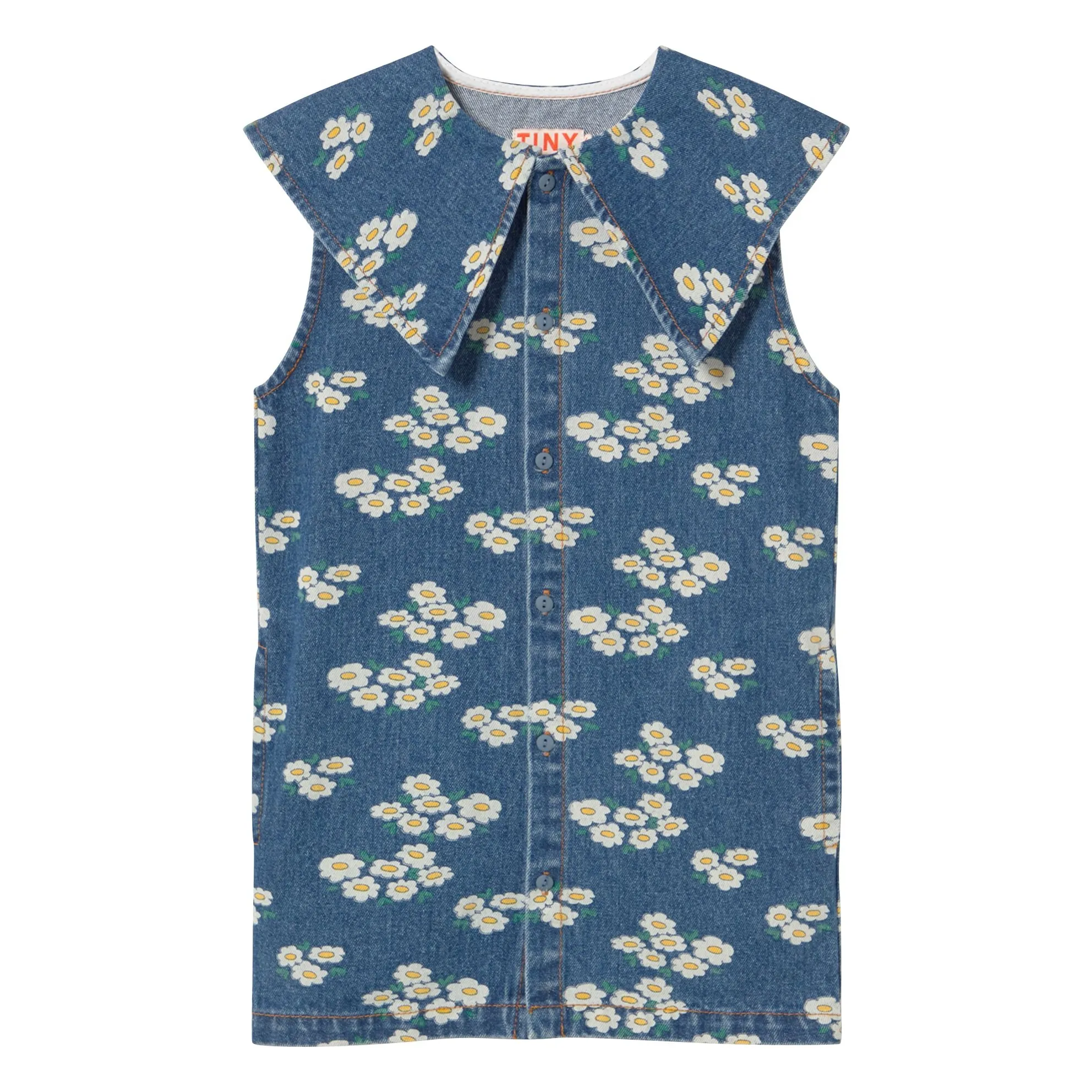 Tinycottons Blue Denim Oversize Neck Daisy Dress