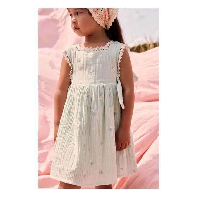 Robe Tablier Plissée Aloisa Fleurie | Vert amande