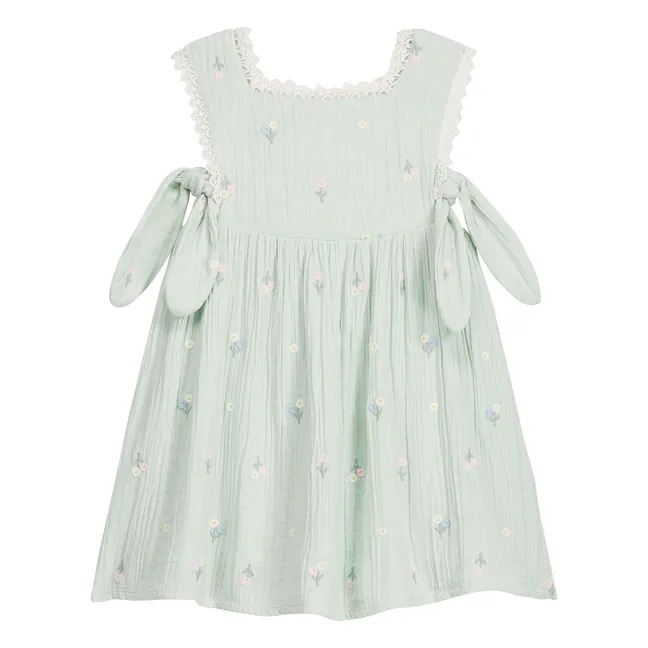 Vestido delantal plisado floral Aloisa | Verde Almendra