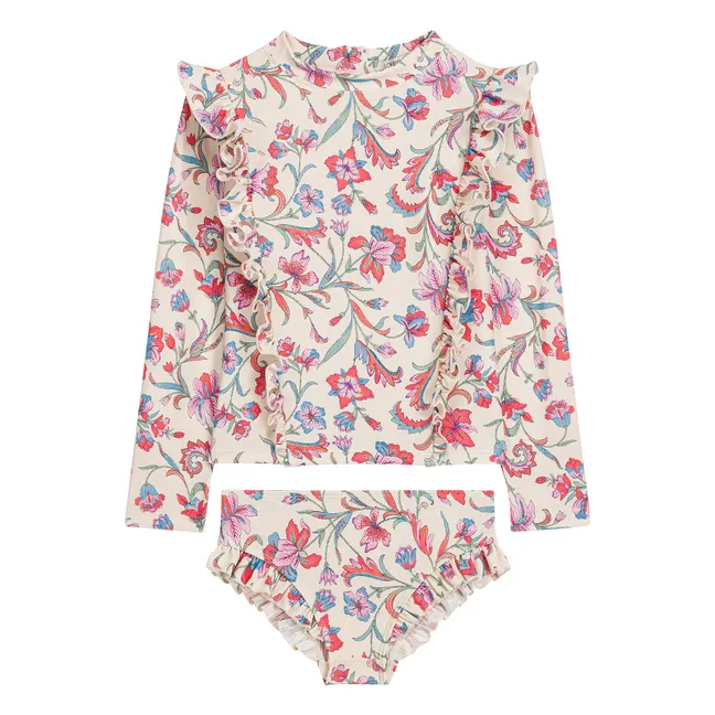 Maillot de Bain Manches Longues Yanika Fleuri Fibres Recyclées | Crème