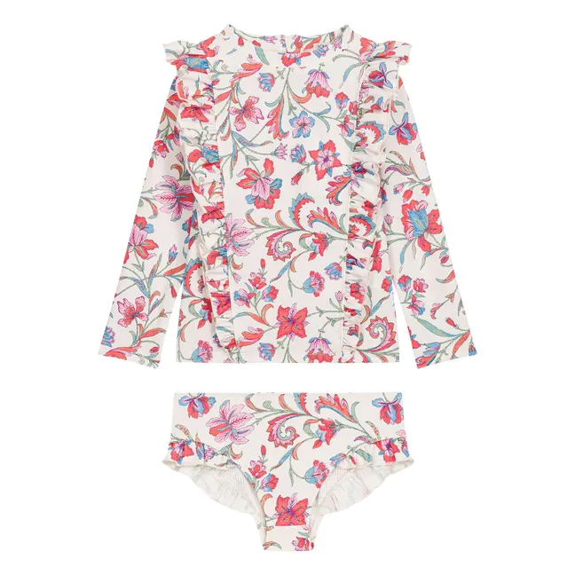 Maillot de Bain Manches Longues Yanika Fleuri Fibres Recyclées | Crème