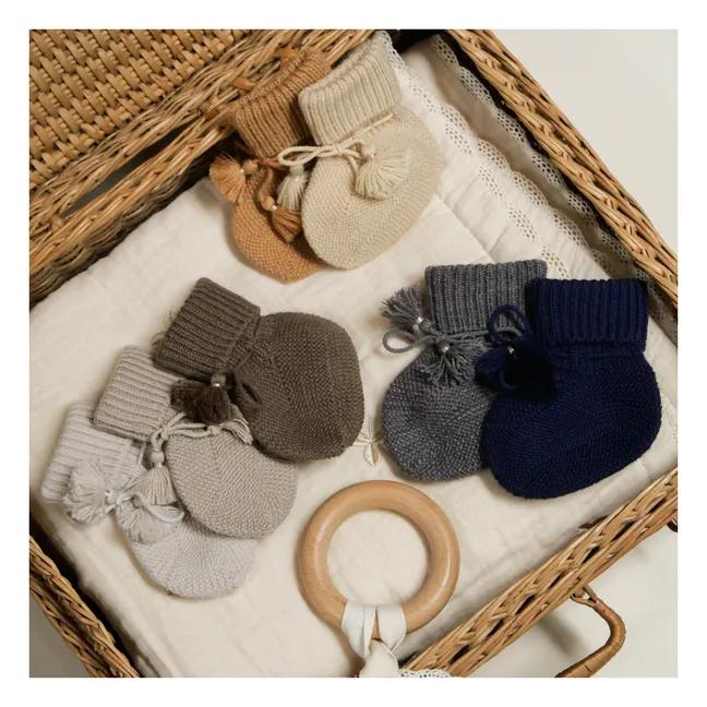 Chaussons en tricot et pochon brodé | Bleu marine