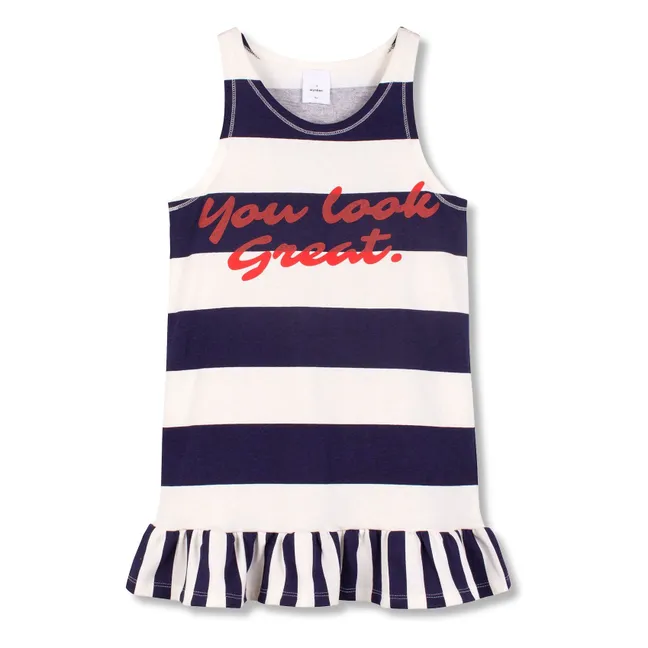 Robe Volants Rayée Coton Bio | Bleu marine