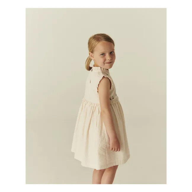 Robe Brodée Rayée Seersucker Coton Bio | Rose pâle