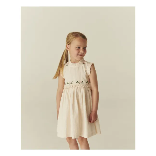 Robe Brodée Rayée Seersucker Coton Bio | Rose pâle