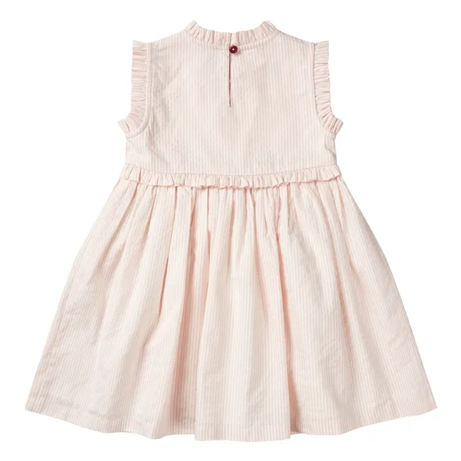 Robe Brodée Rayée Seersucker Coton Bio | Rose pâle