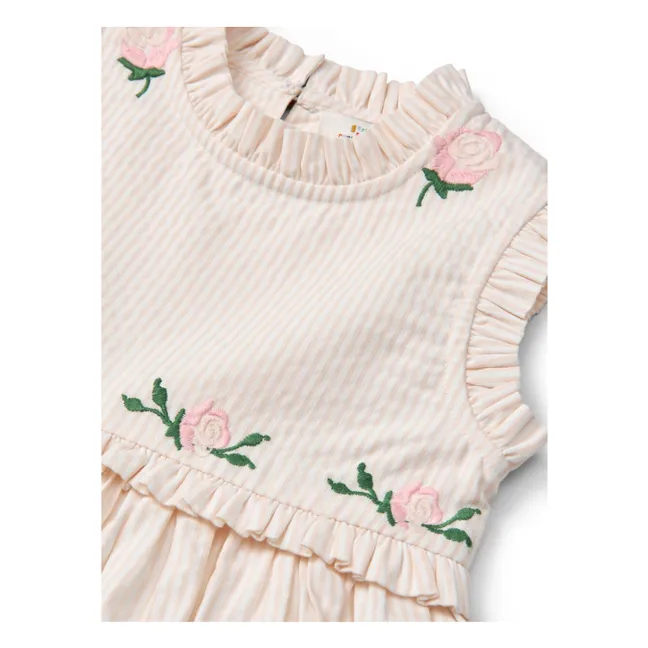 Robe Brodée Rayée Seersucker Coton Bio | Rose pâle