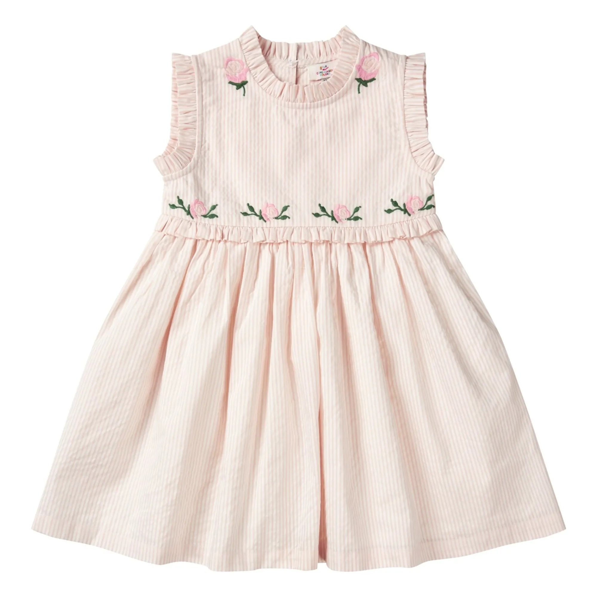 Copenhagen Colors Pale Pink Striped Embroidered Dress Seersucker Organic Cotton