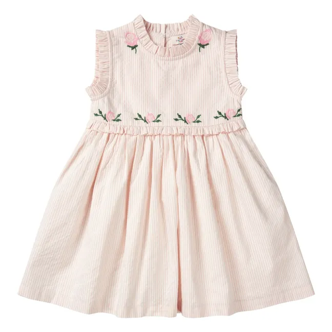 Robe Brodée Rayée Seersucker Coton Bio | Rose pâle
