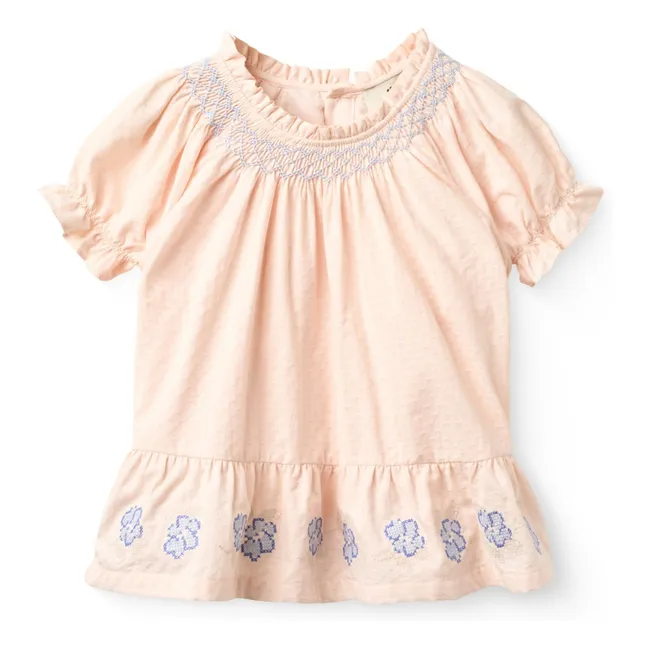 Blouse Smockée Brodée Coton Bio | Rose pêche