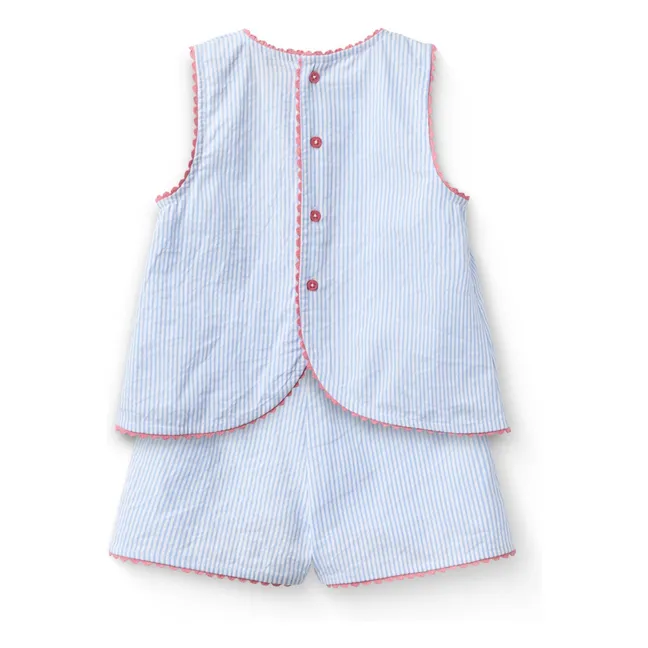 Conjunto de top y pantalón corto de algodón orgánico Seersucker a rayas | Azul Cielo