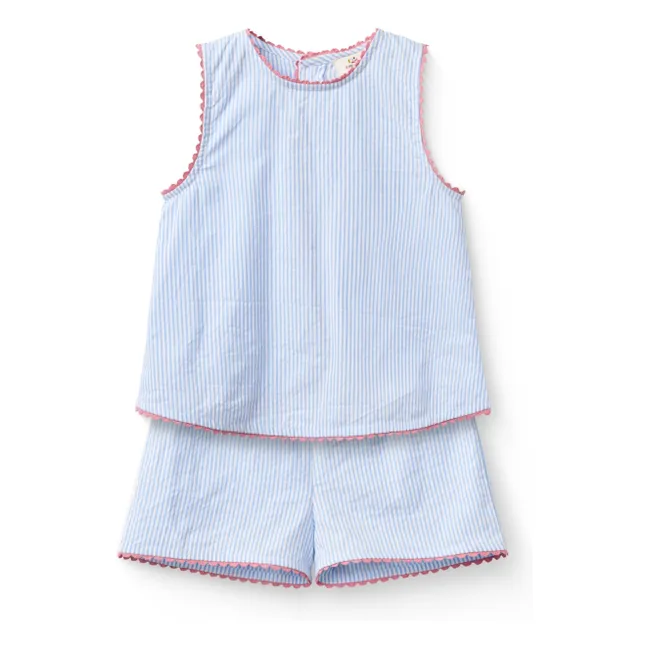 Conjunto de top y pantalón corto de algodón orgánico Seersucker a rayas | Azul Cielo