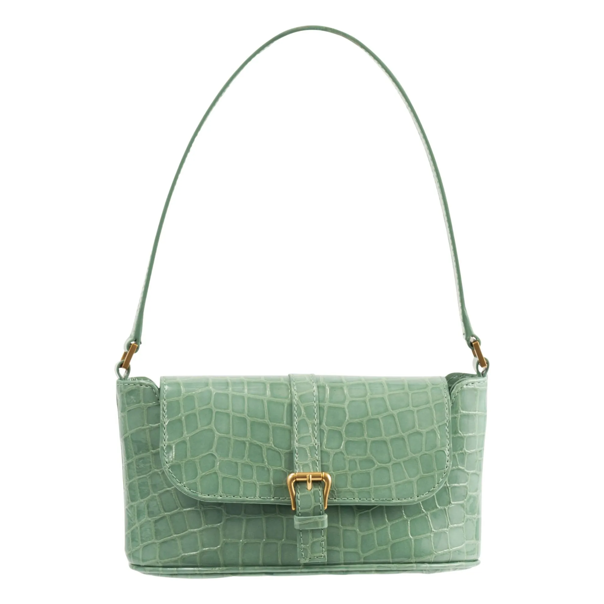 By Far Mint Green Miranda Baguette Crocodile Embossed Leather Bag