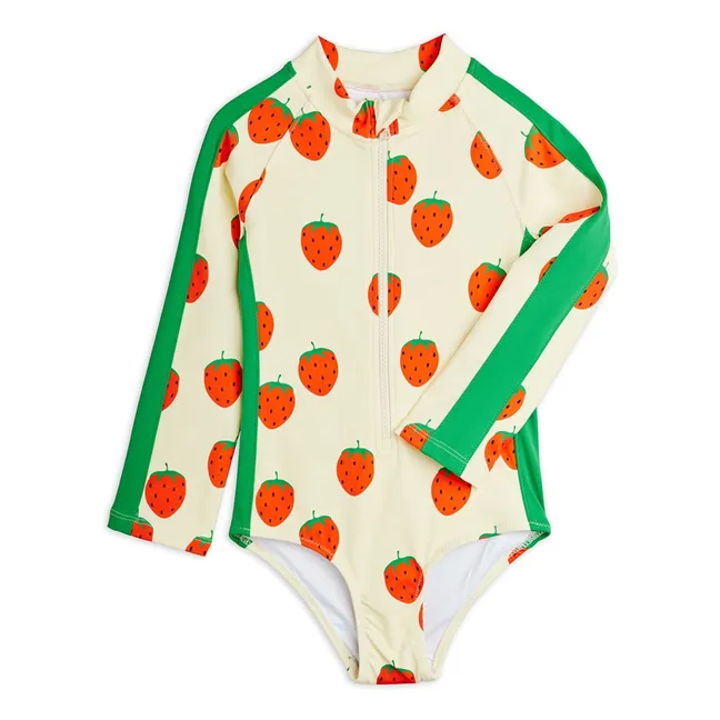 Maillot de Bain Manches Longues Fraises Fibres Recyclées | Ecru