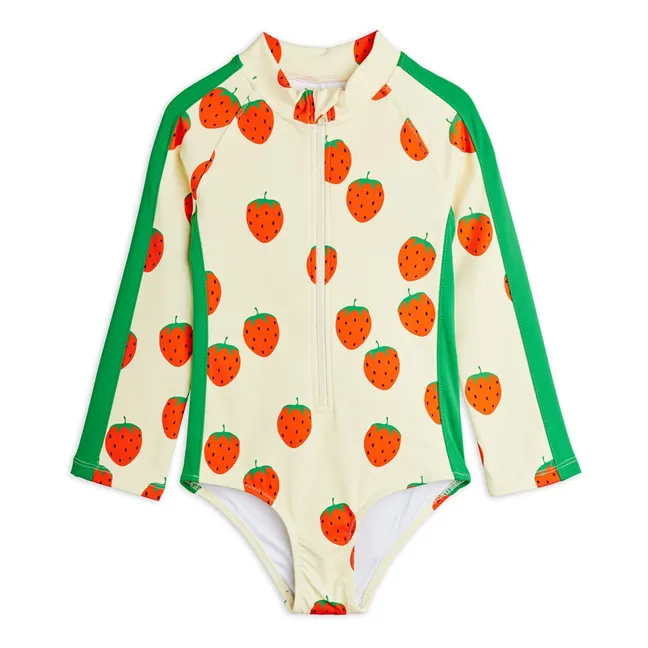 Maillot de Bain Manches Longues Fraises Fibres Recyclées | Ecru