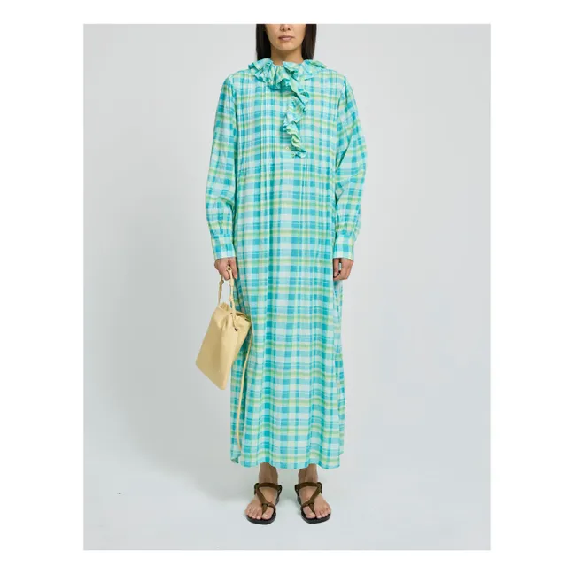 Philibong Cotton Check Dress | Turquoise