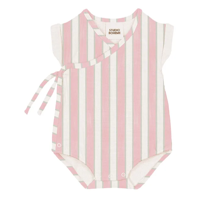 Organic cotton striped cloudy wrap romper | Pale Pink