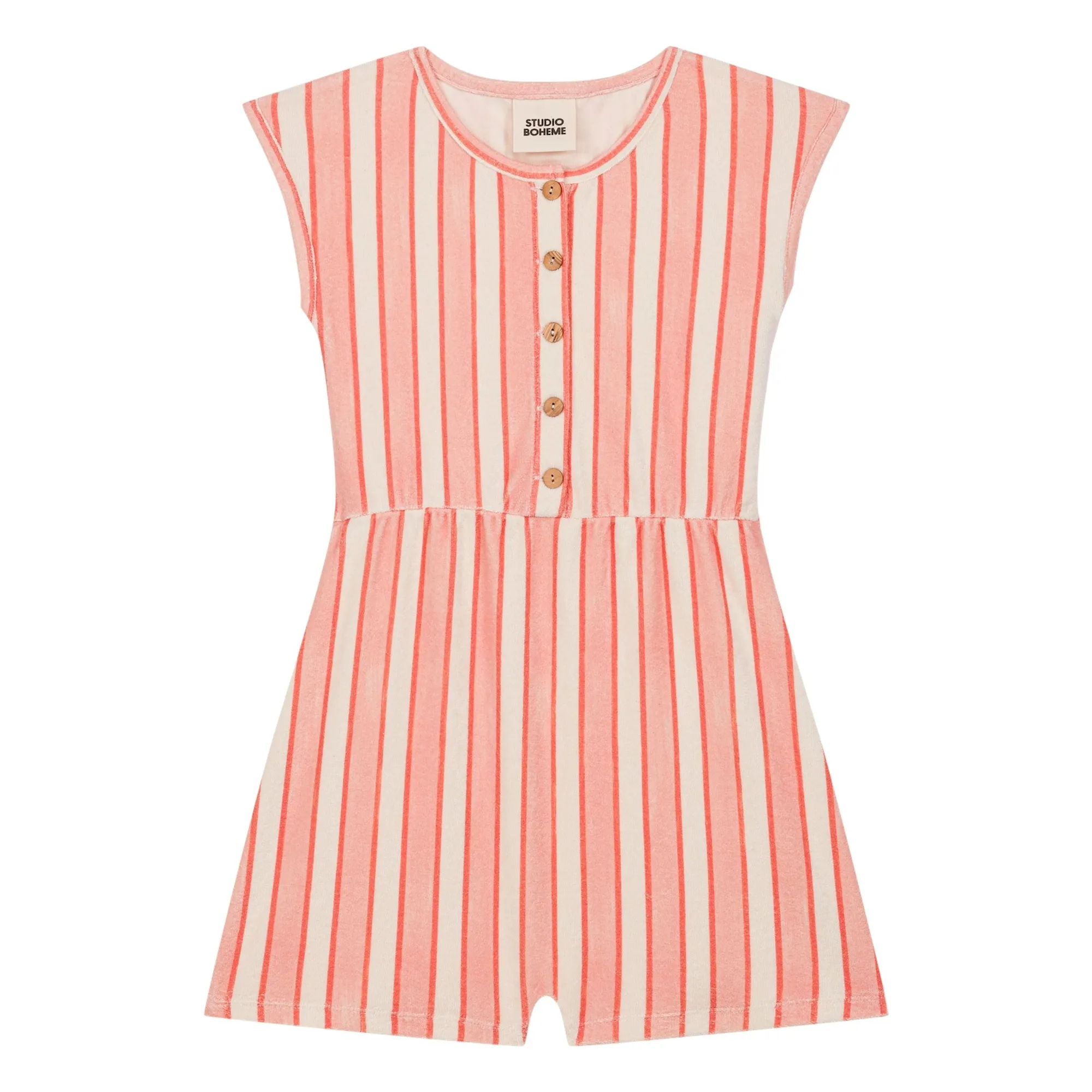 Studio Bohème Girls Pink Loulou Striped Organic Cotton Towelling Playsuit